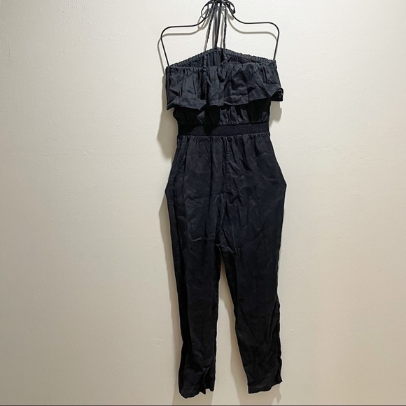 J CREW Women’s Black Linen Ruffle Romper Halter Full Length Elastic Waist XXXS - Picture 3 of 10